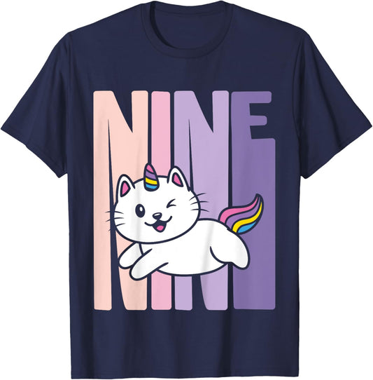 9 Year Old Cute Caticorn Cat Unicorn Birthday Girl B-day T-Shirt - T-Shirt | Navy