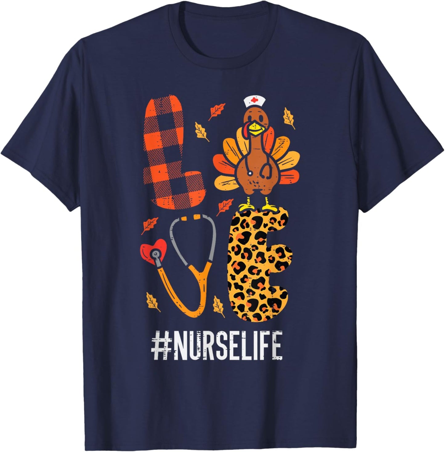 Love Turkey Stethoscope Nurse Thanksgiving Fall Scrub Women T-Shirt - T-Shirt | Navy