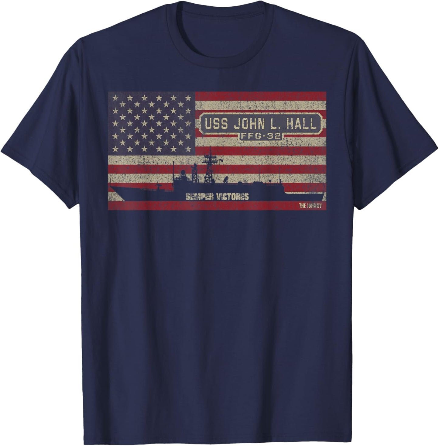 USS John L Hall FFG-32 Frigate Ship USA American Flag T-Shirt - T-Shirt | Navy