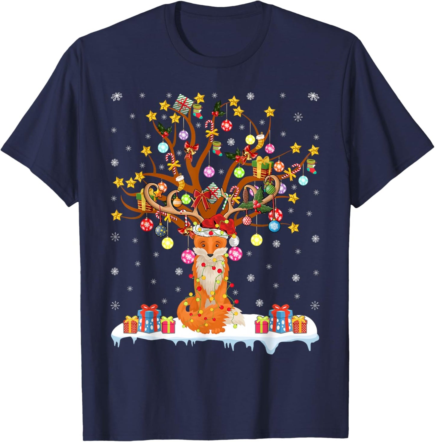 Fox Xmas Lighting Tree Santa Fox Christmas Tree T-Shirt - T-Shirt | Navy