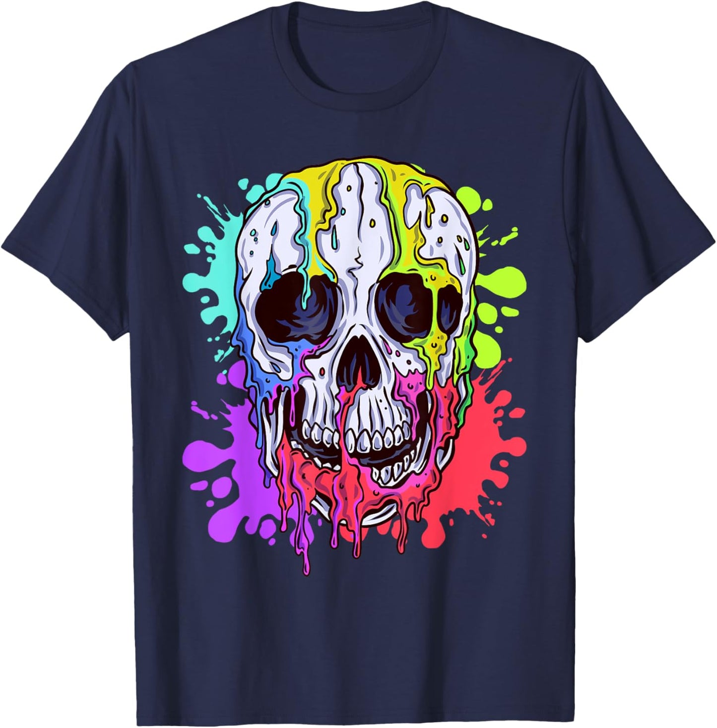 Melting Skull Colorful Paint Drip Graphic T-Shirt - T-Shirt | Navy