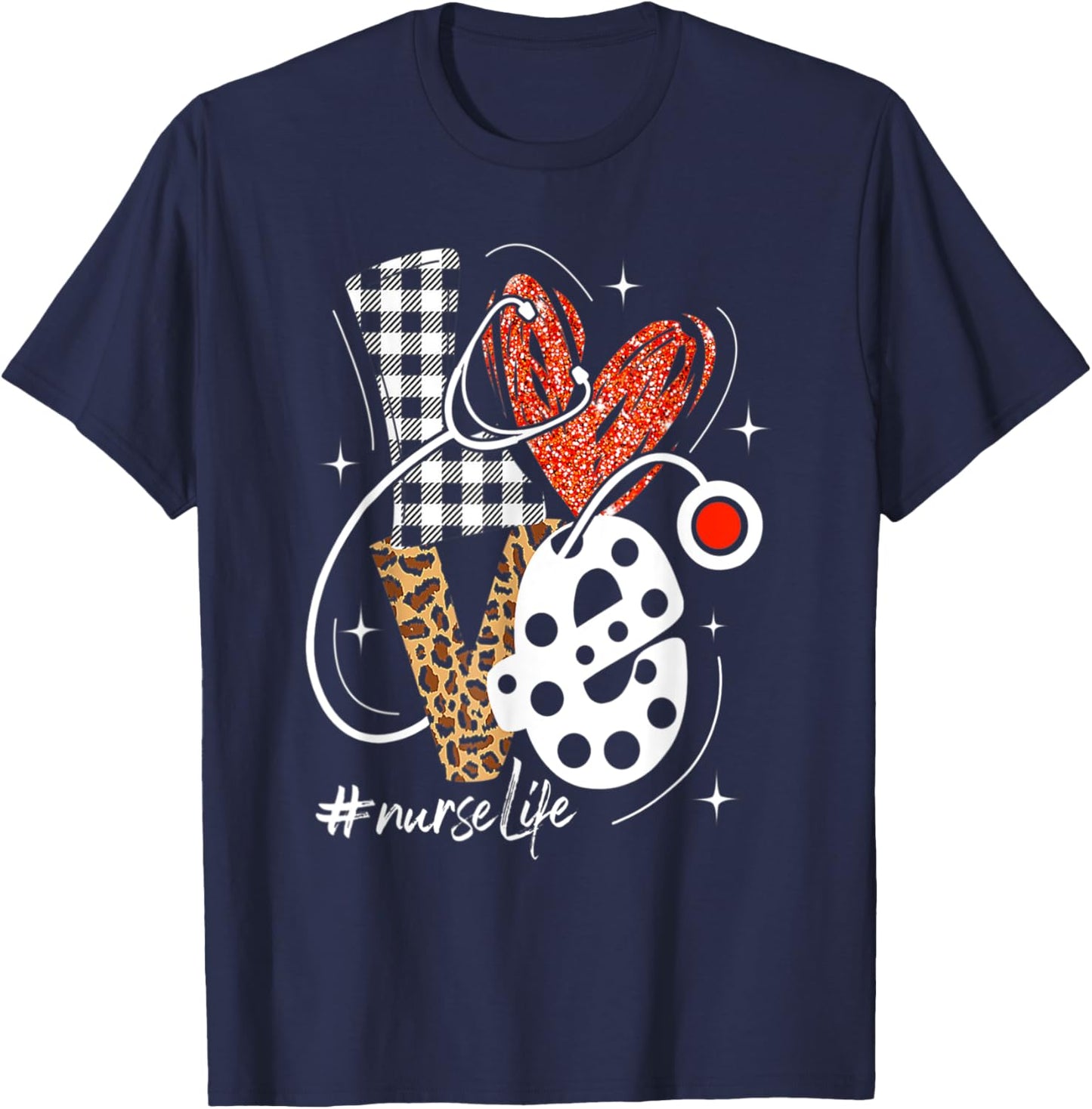 Nurse Life RN LPN CNA Healthcare Cheetah Heart Leopard Funny T-Shirt - T-Shirt | Navy