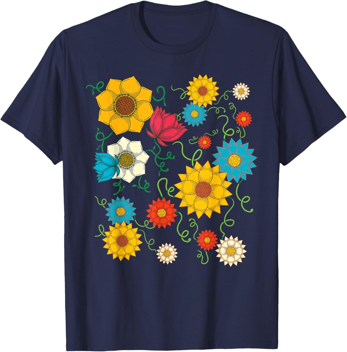 Beautiful Wildflowers Colorful Garden Flower Botanical T-Shirt - T-Shirt | Navy