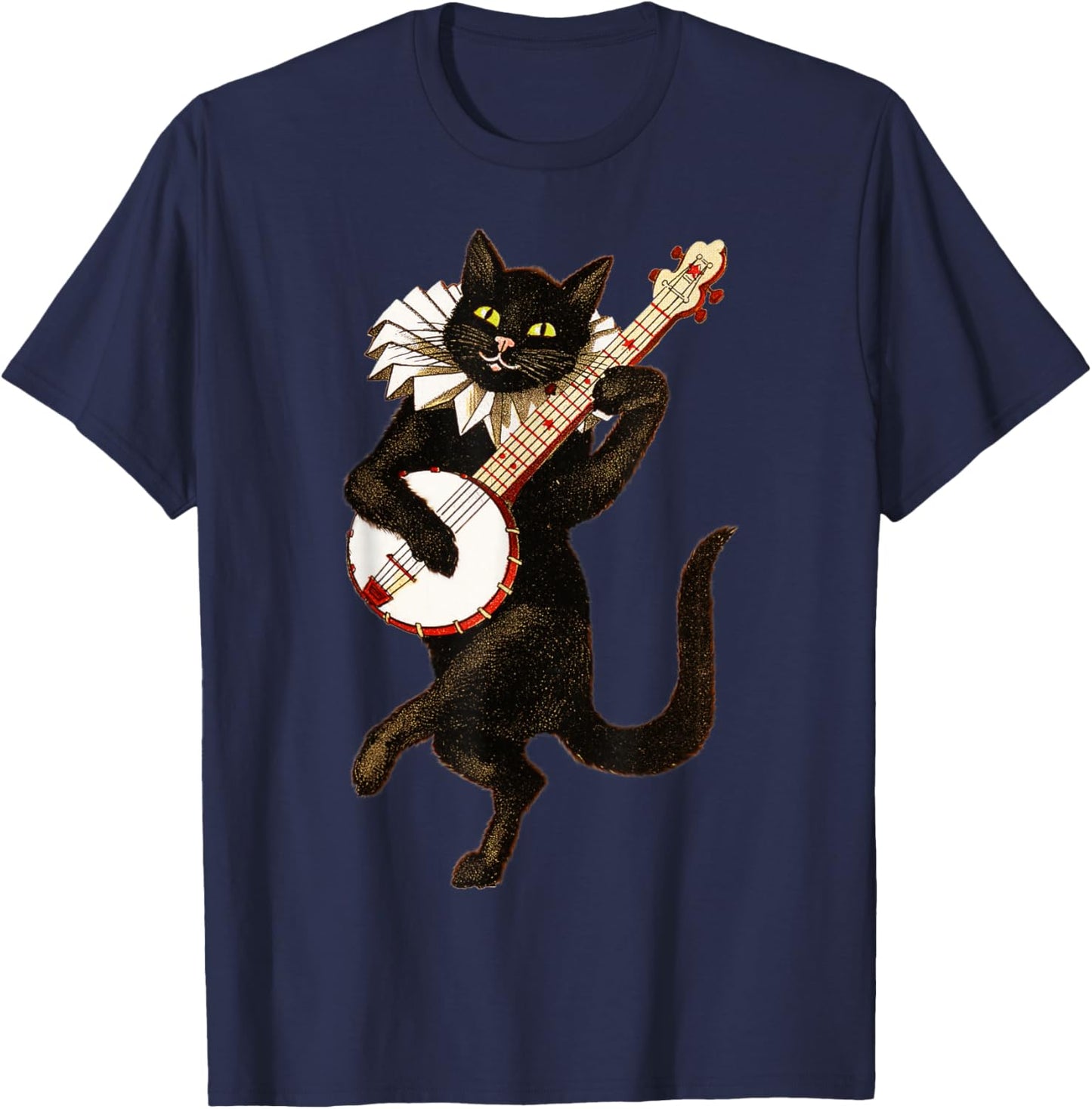 Vintage Silly Weird Cat Playing Banjo Country Cat Lover T-Shirt - T-Shirt | Navy