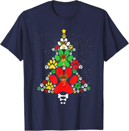 Cute Dog Paws Print Christmas Tree Shirt Dog Lover T-Shirt - T-Shirt | Navy