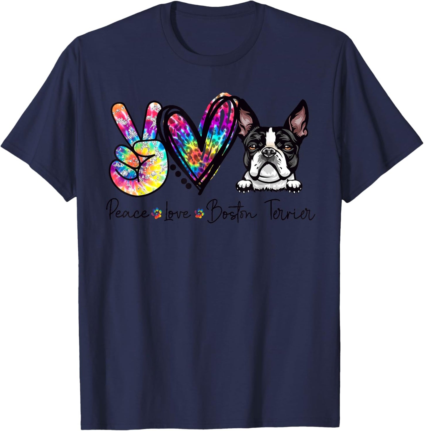 Peace Love Boston Terrier Funny Tie Dye Dog Lovers Women Girls Kids T-Shirt - T-Shirt | Navy