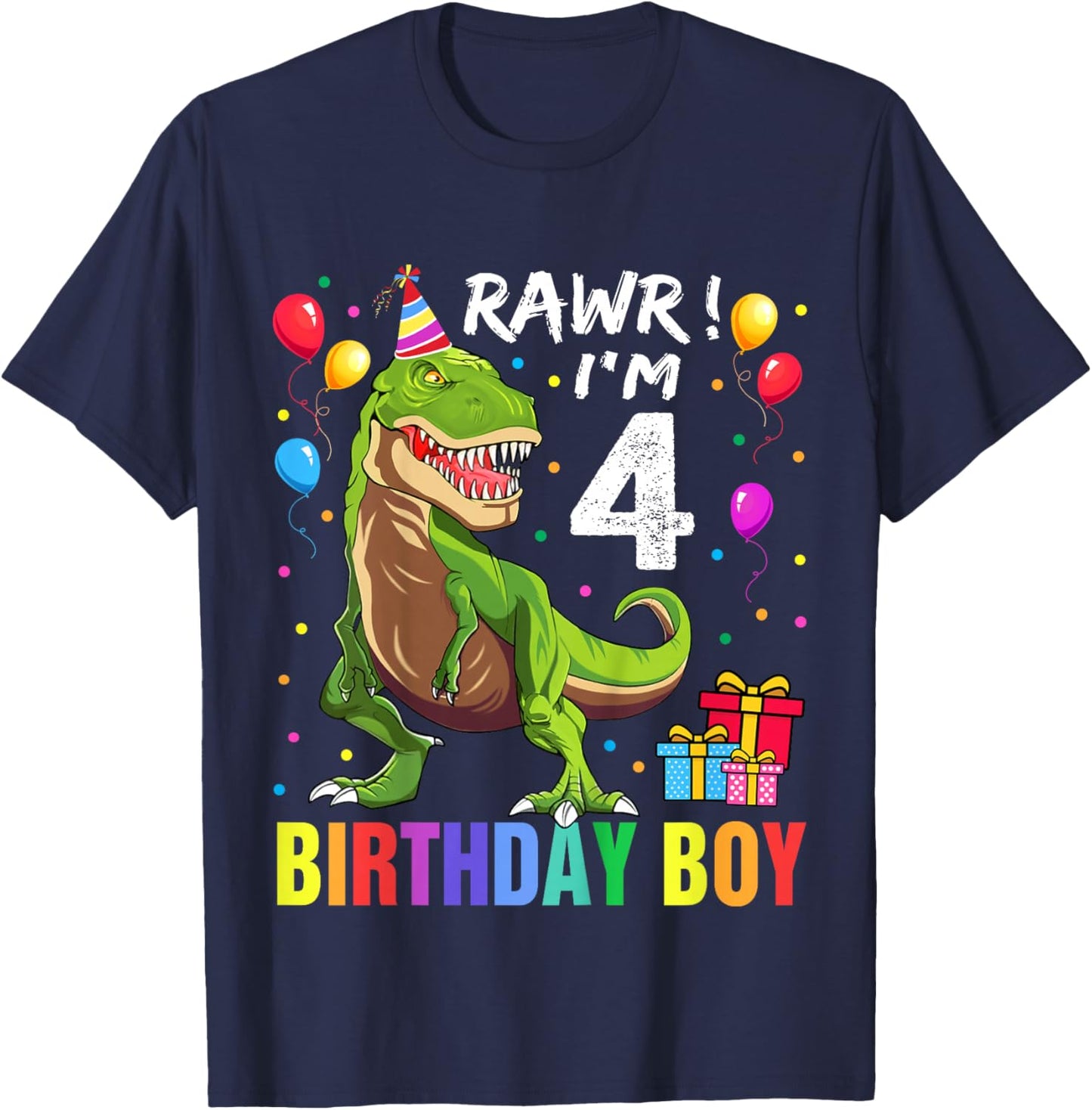 Kids 4 Year Old 4th Birthday Boy T Rex Dinosaur T-Shirt - T-Shirt | Navy