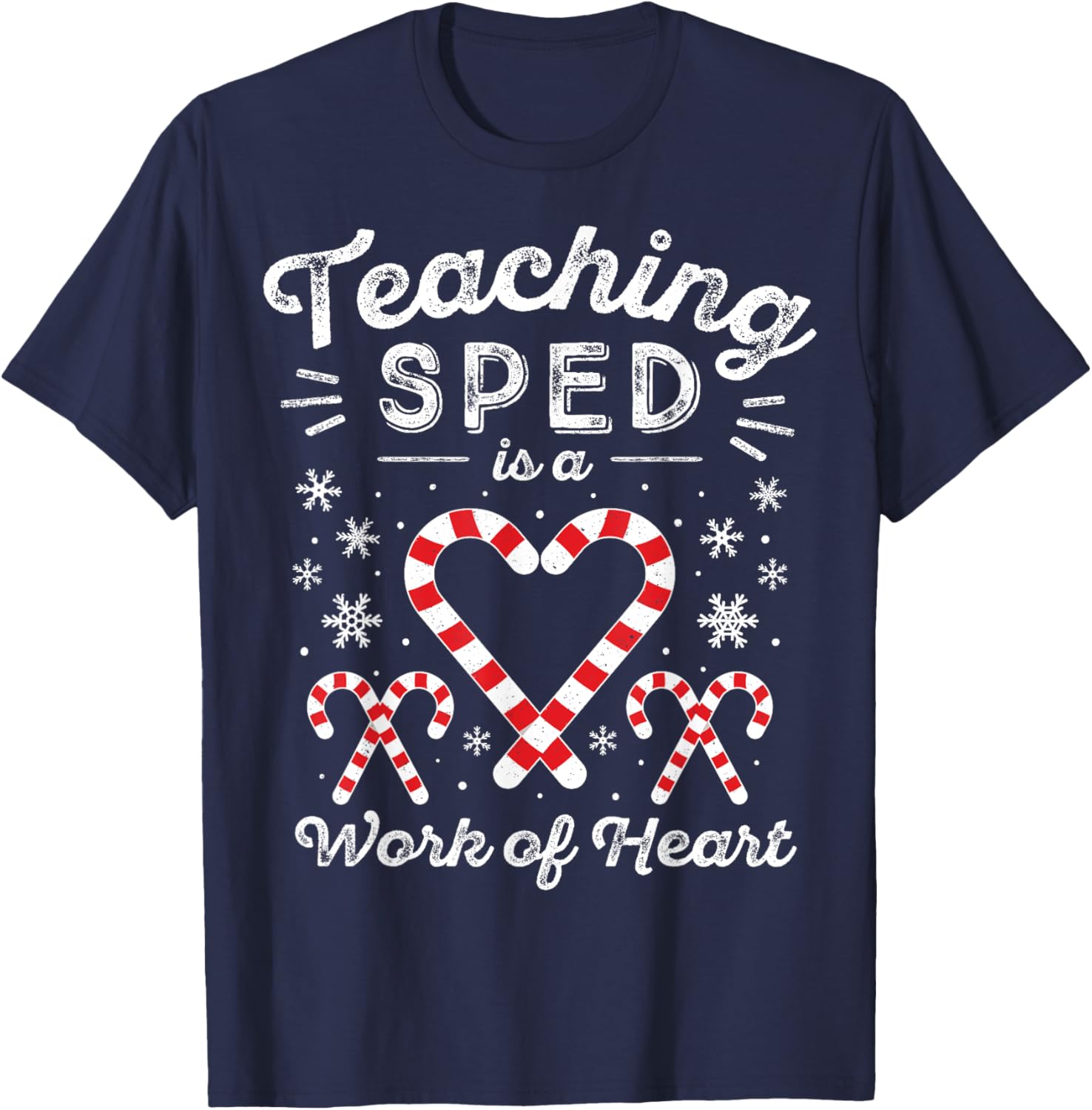 Special Ed Christmas Candy Cane | Work of Heart SPED Teacher T-Shirt - T-Shirt | Navy