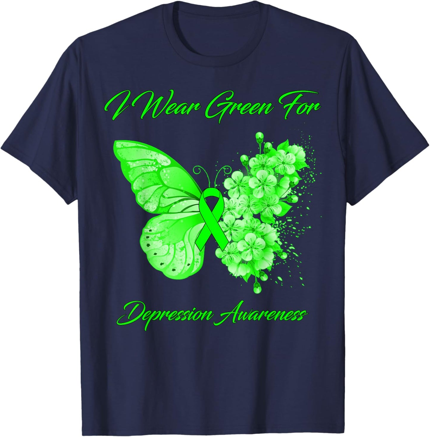 Butterfly I Wear Green For Depression Awareness T-Shirt - T-Shirt | Navy