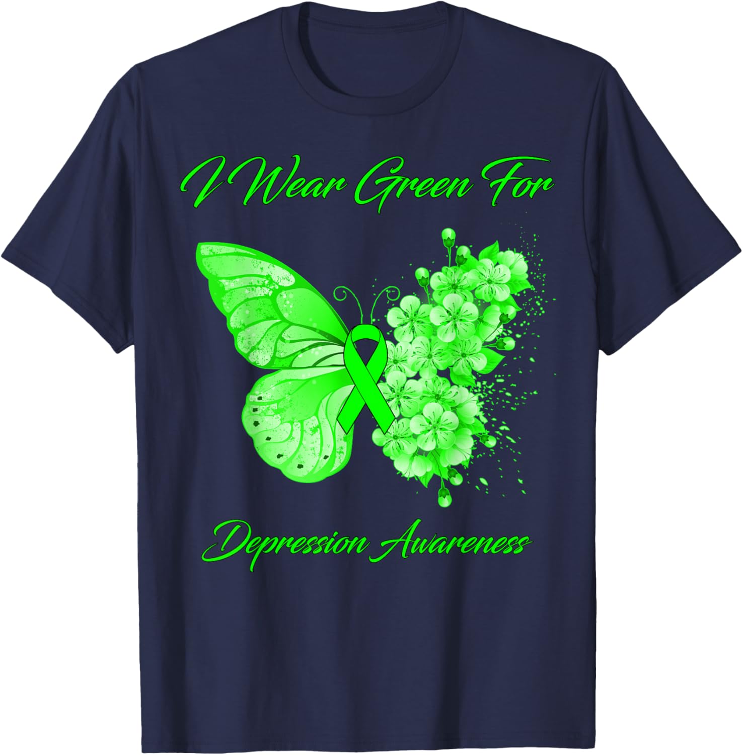 Butterfly I Wear Green For Depression Awareness T-Shirt - T-Shirt | Navy