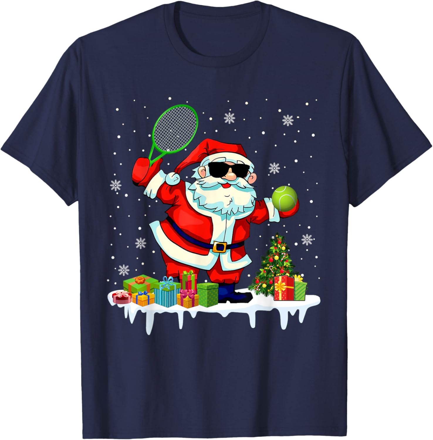 Santa Playing Tennis Funny Christmas Santa Tennis Lover T-Shirt - T-Shirt | Navy