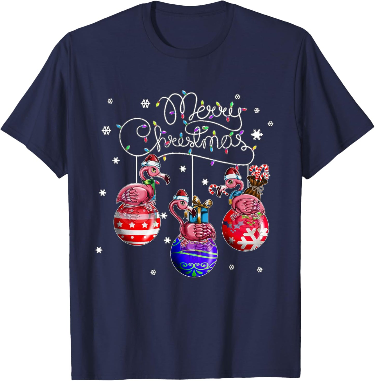 Merry Christmas Flamingo Christmas Ball Motif Christmas T-Shirt - T-Shirt | Navy