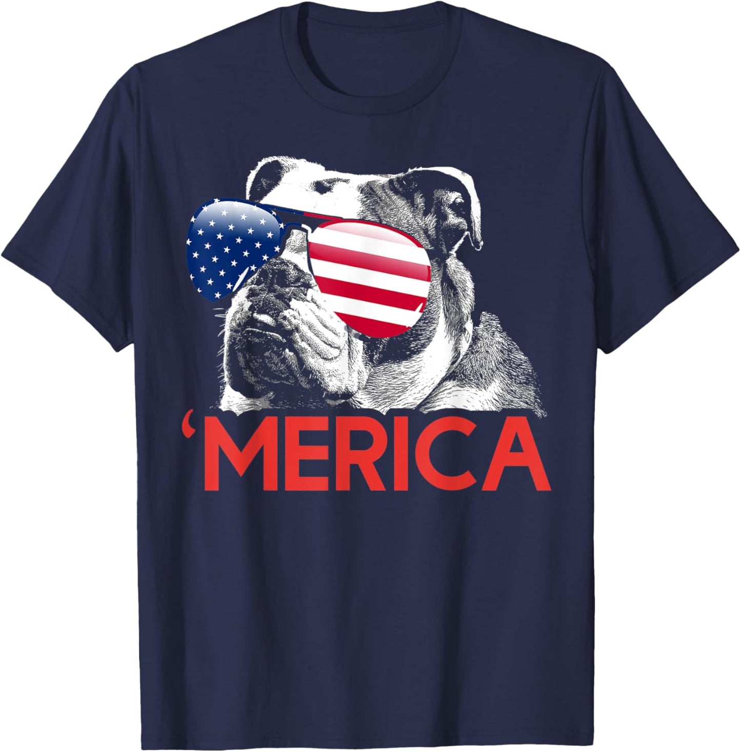 Merica Bulldog American Flag 4th of July T-Shirt - T-Shirt | Navy