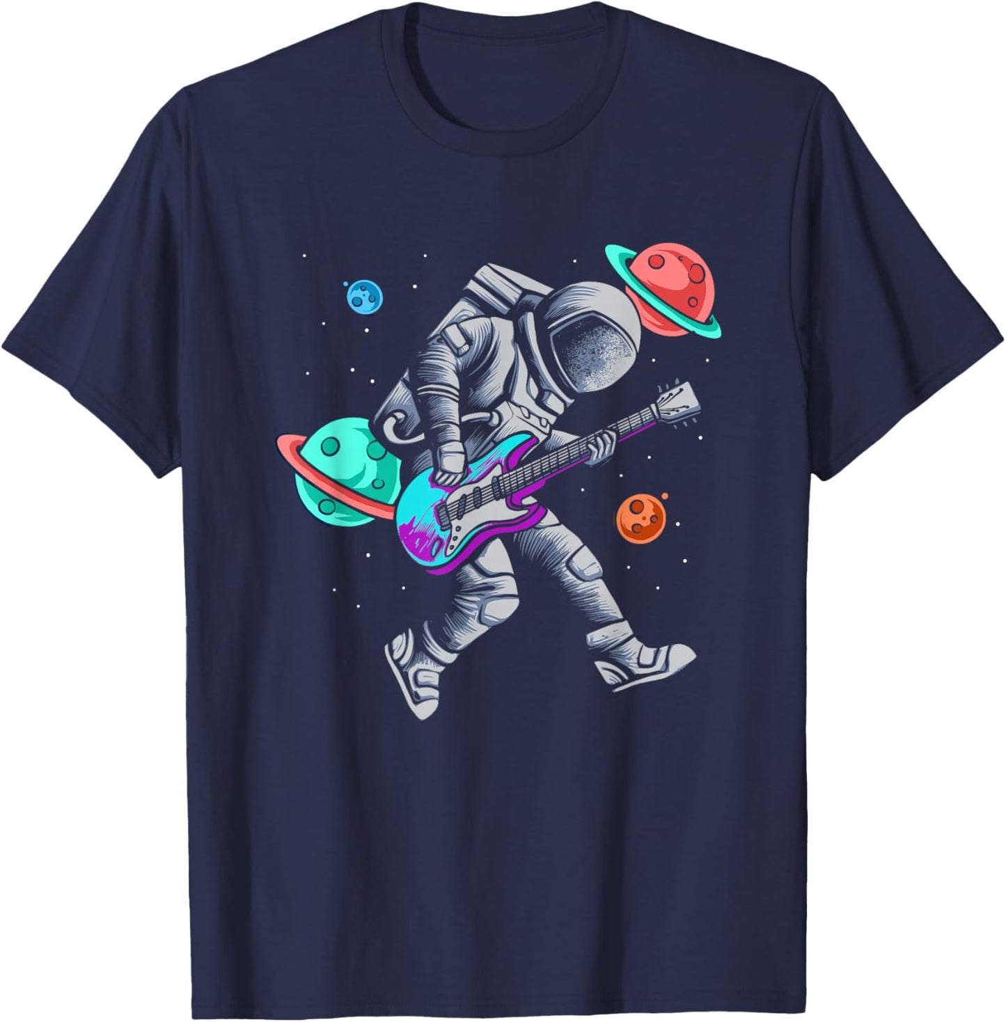 Astronaut Playing Guitar Space Planets Musician T-Shirt - T-Shirt | Navy