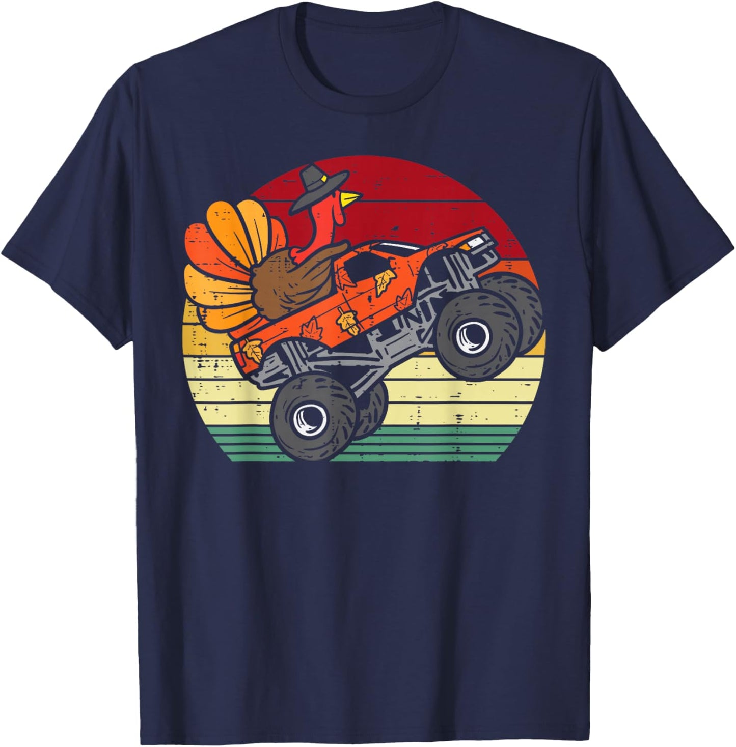 Monster Truck Turkey Sunset Retro Thanksgiving Boys Kids T-Shirt - T-Shirt | Navy