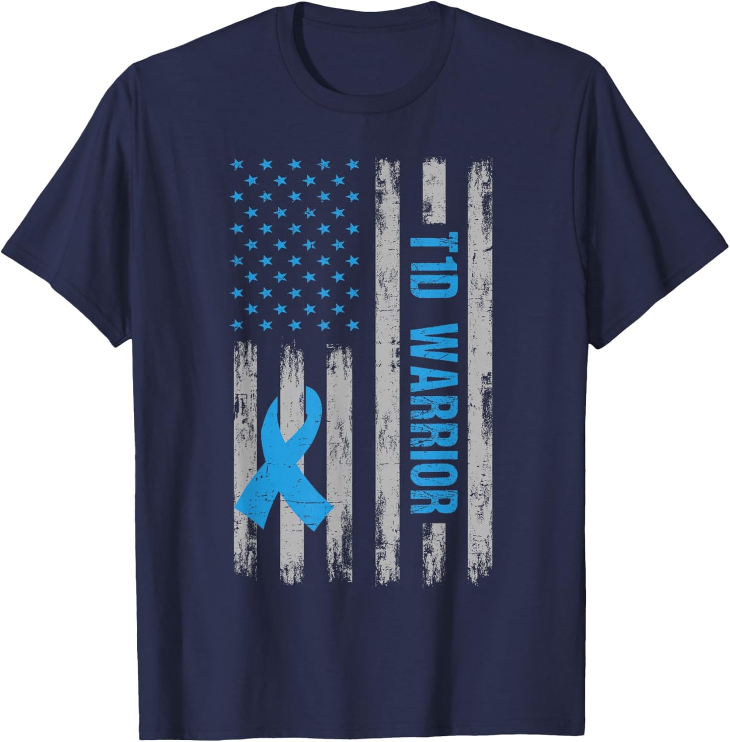 T1D Warrior Awareness American Flag Diabetic Diabetes Type 1 T-Shirt - T-Shirt | Navy