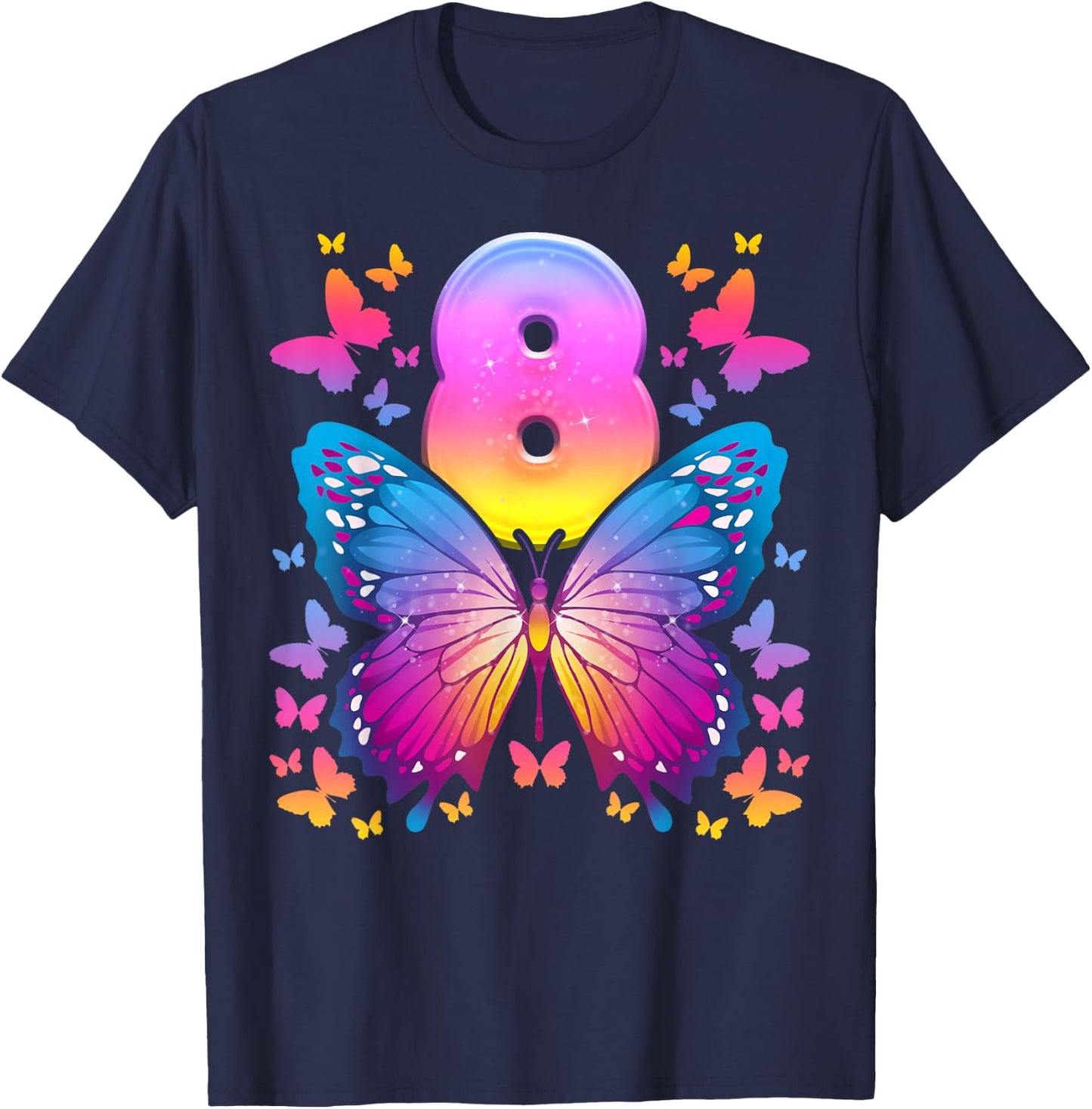 8th Birthday Girl 8 Years Butterfly Number 8 T-Shirt - T-Shirt | Navy