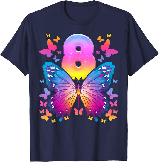 8th Birthday Girl 8 Years Butterfly Number 8 T-Shirt - T-Shirt | Navy