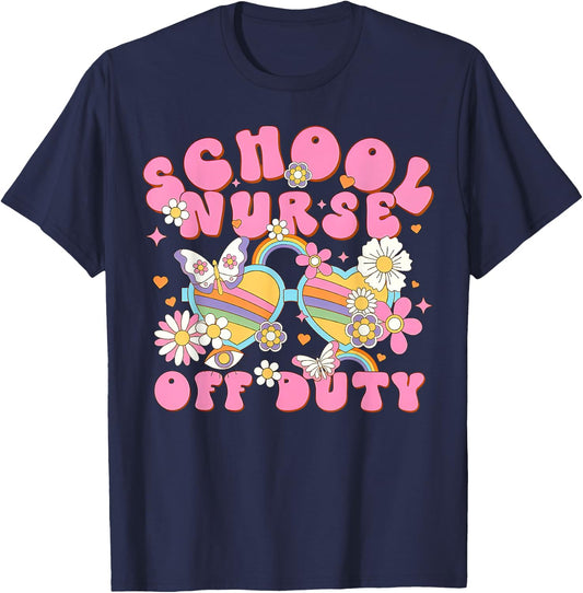 Retro School Nurse Off Duty Glasses Last Day Of School T-Shirt - T-Shirt | Navy