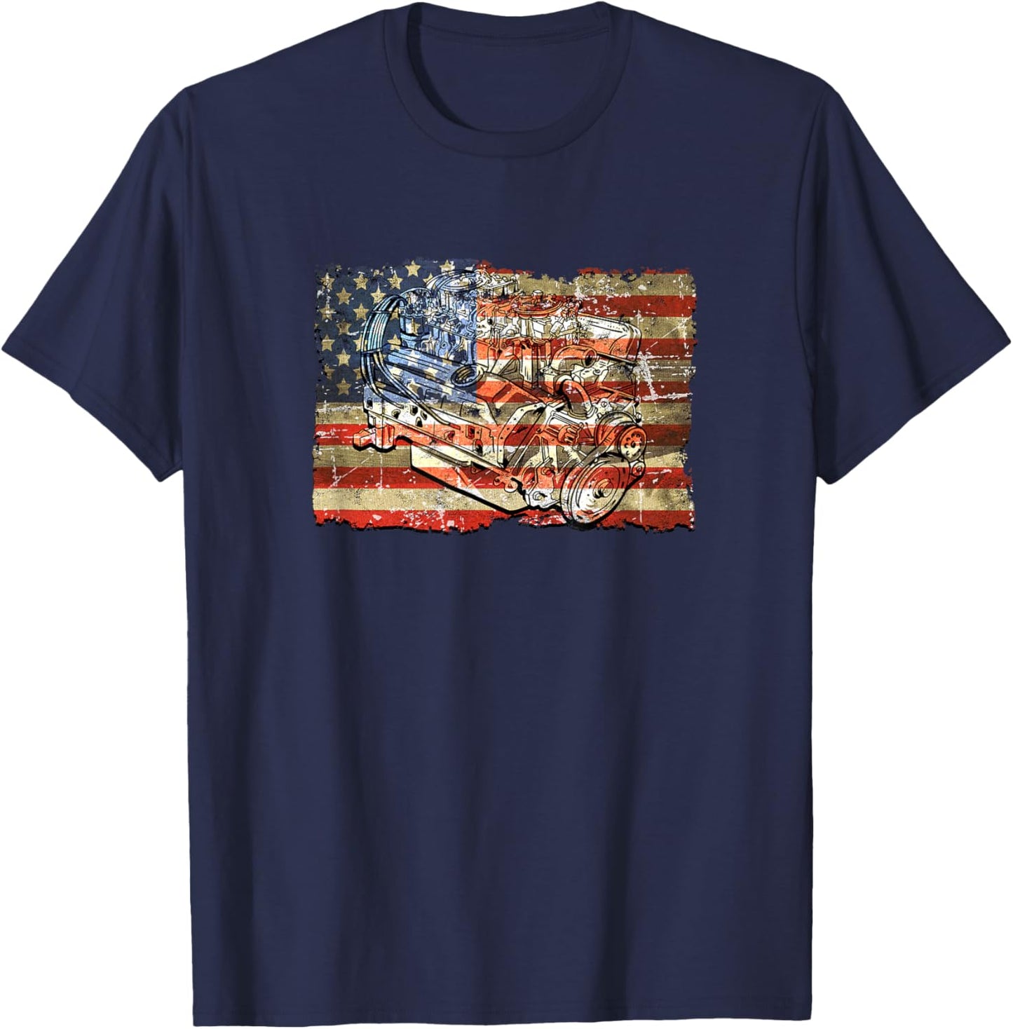 Gift Vintage Car Piston American Flag Mechanic Gift Women Men T-Shirt - T-Shirt | Navy