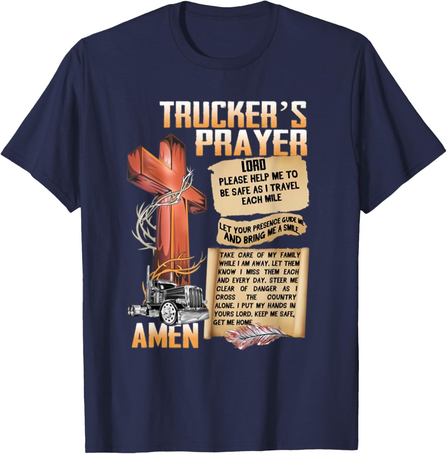 Trucker's Prayer Amen Cross Truck Drive Lover T-Shirt - T-Shirt | Navy