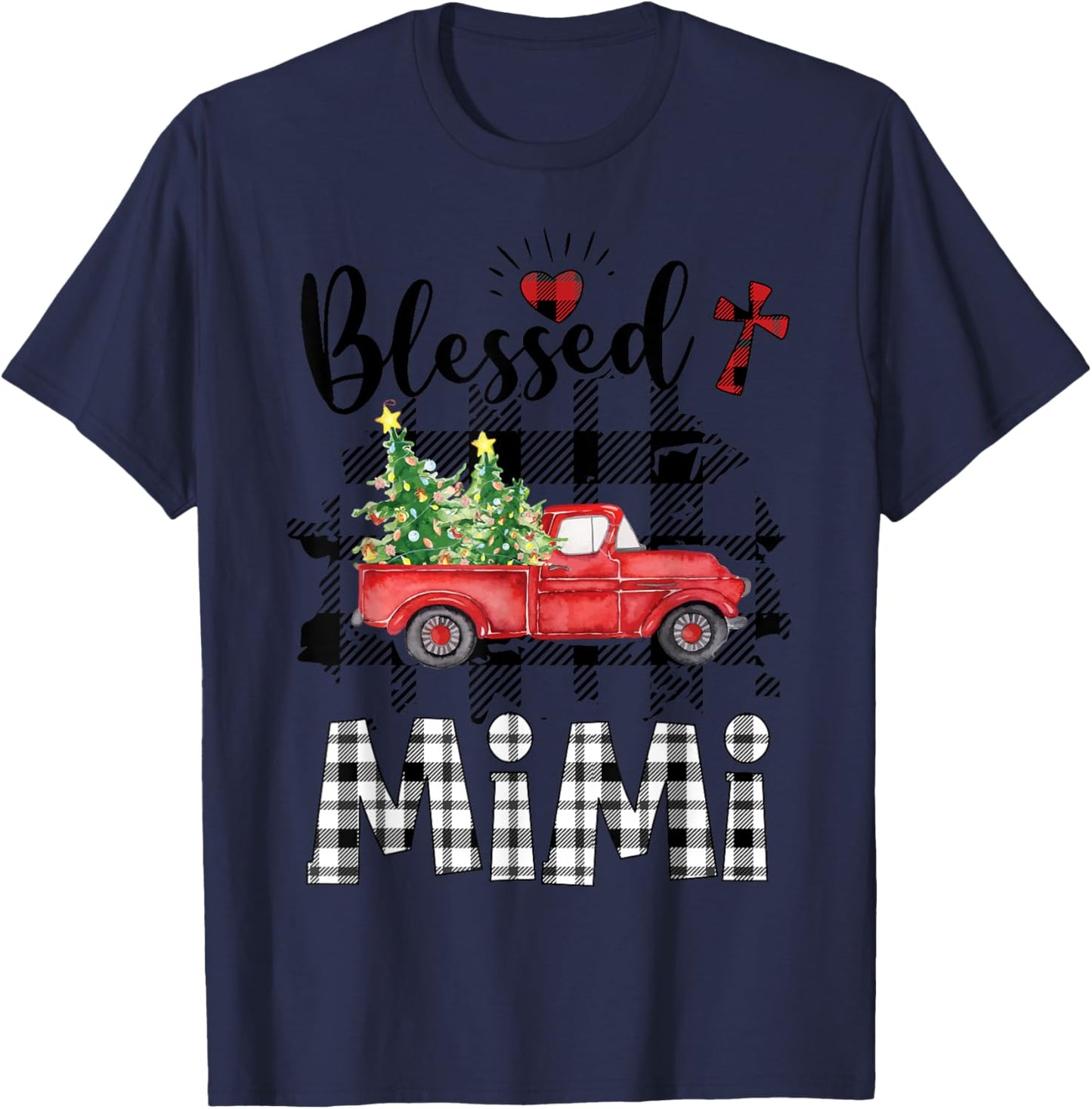 Funny Blessed Mimi Claus Buffalo Plaid Red Truck Christmas T-Shirt - T-Shirt | Navy