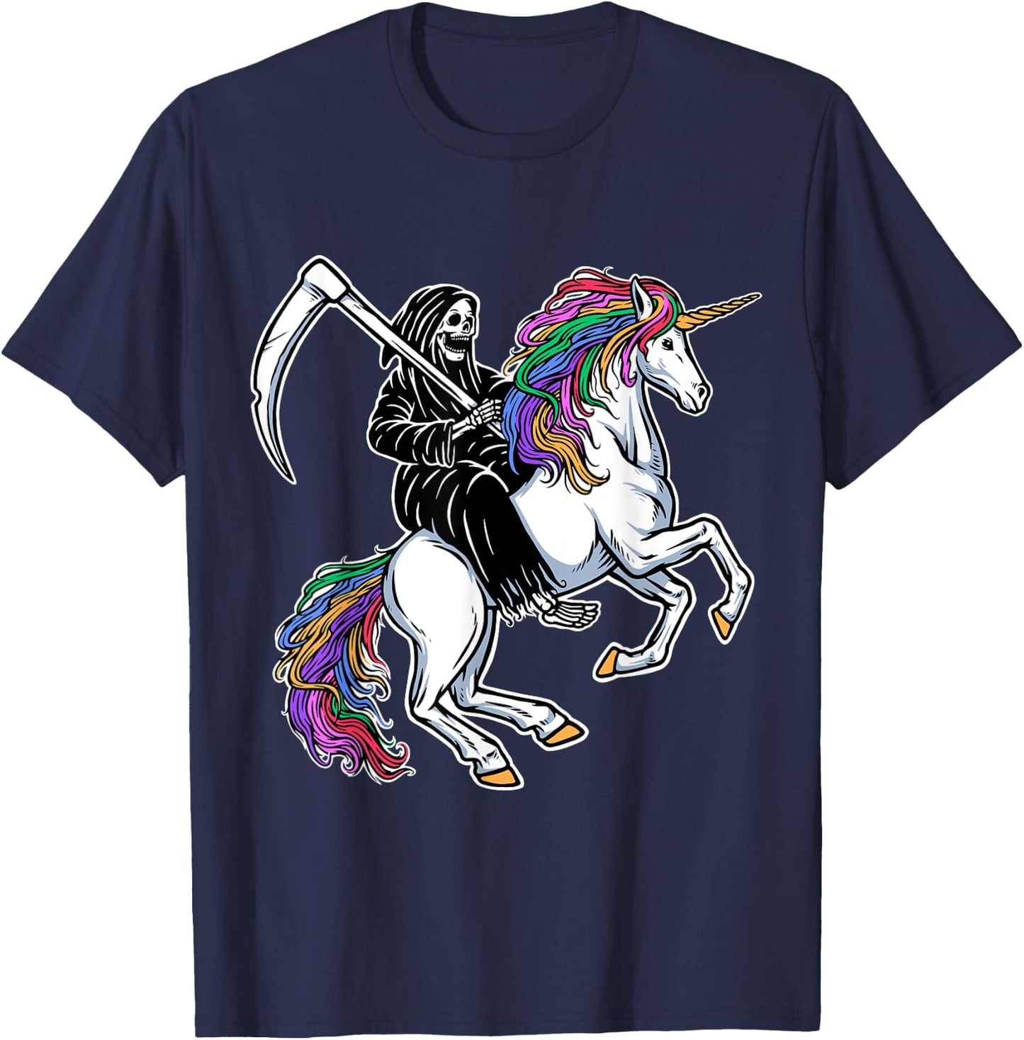 Grim Reaper Riding Unicorn Rainbow Skeleton Halloween T-Shirt - T-Shirt | Navy