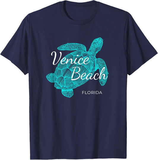Venice Beach Florida with a Turtle Women Girls Kids T-Shirt - T-Shirt | Navy