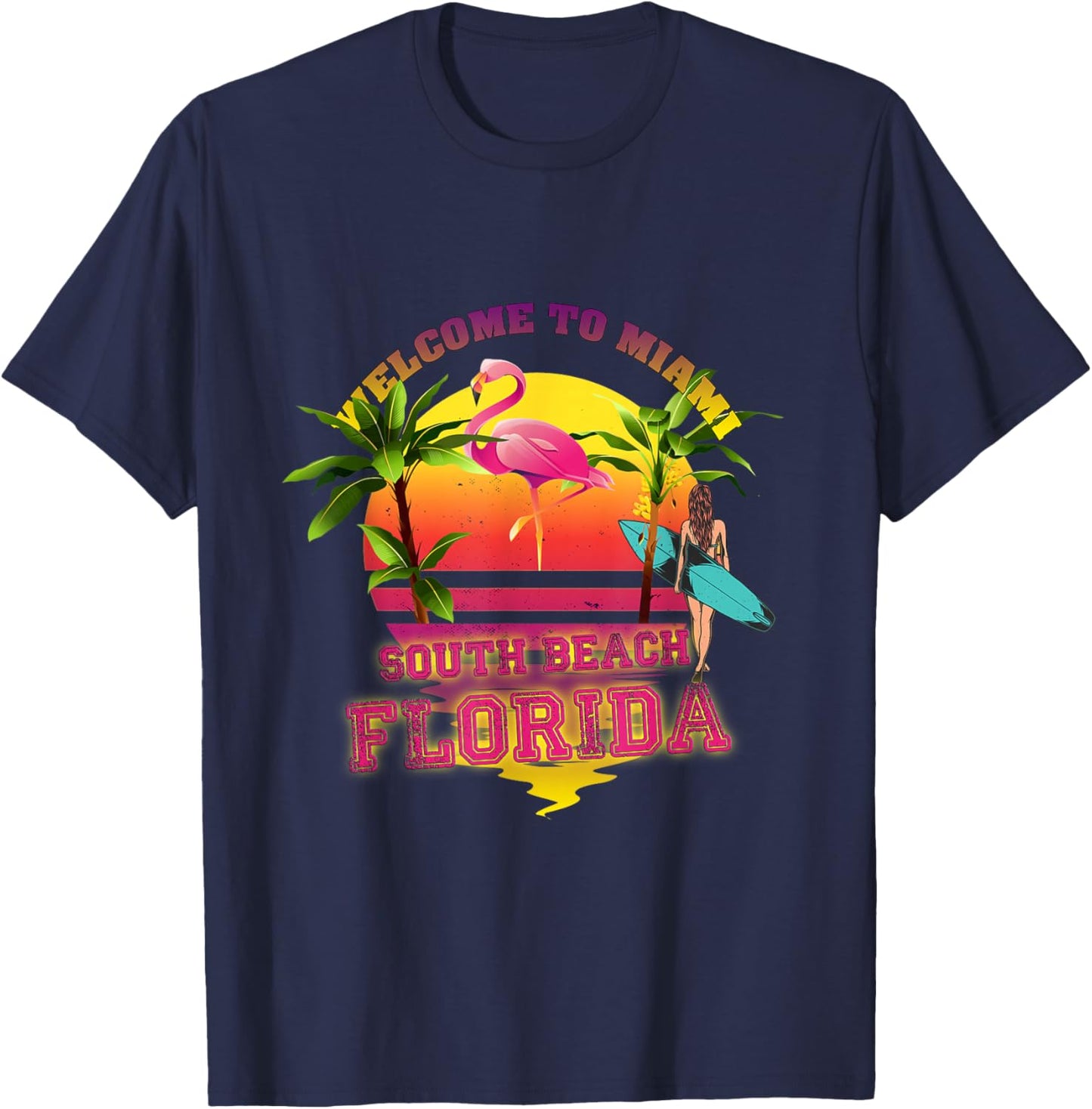 Welcome to Miami, Florida, South Beach Surfing, Flamingo T-Shirt - T-Shirt | Navy