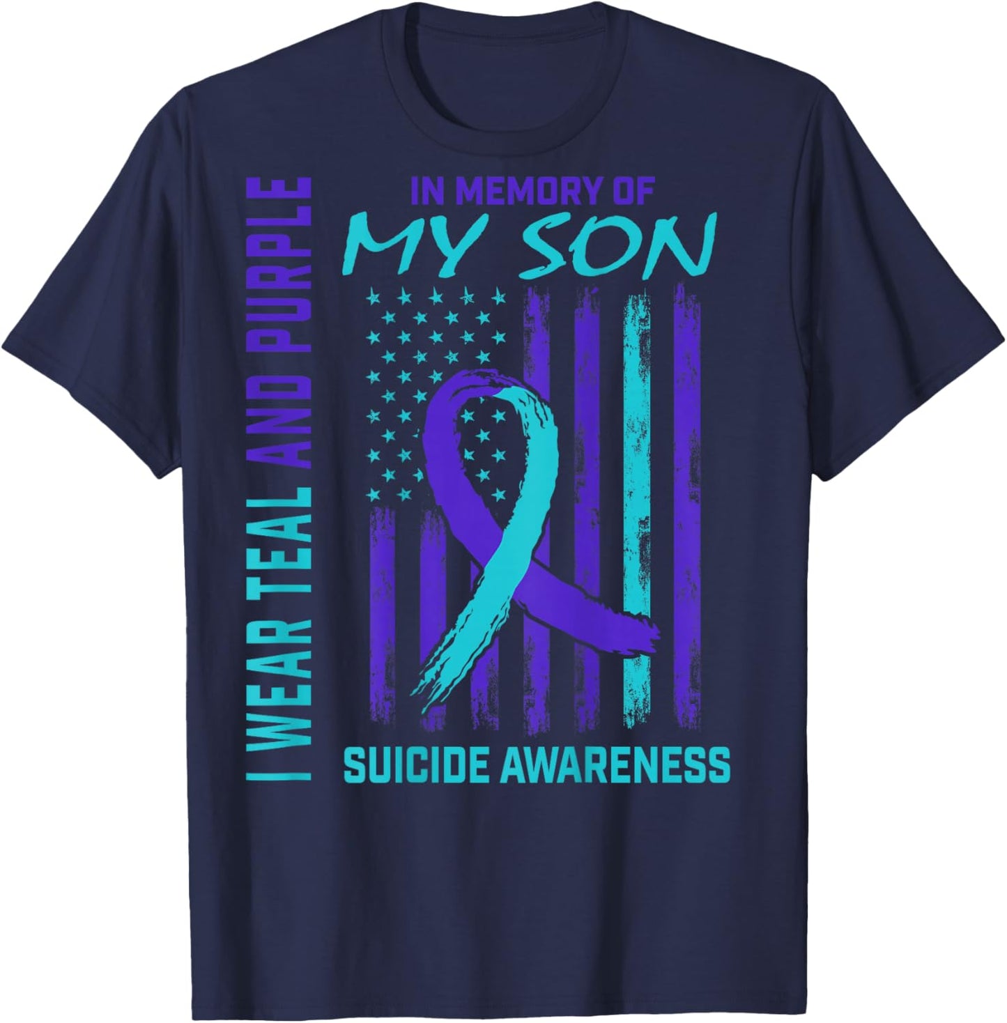 Teal Purple Ribbon Suicide Awareness USA Flag Son Back Print T-Shirt - T-Shirt | Navy
