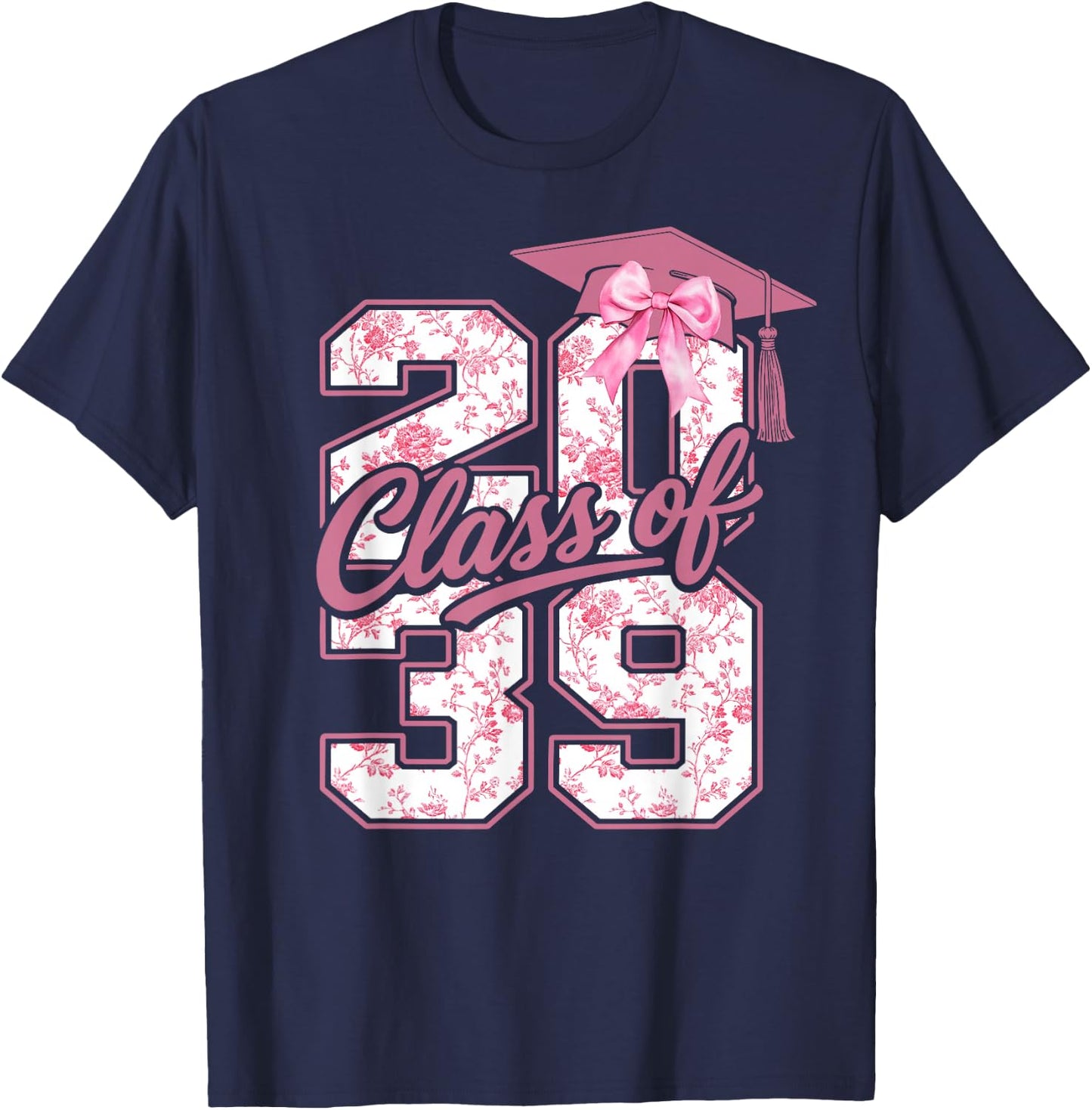Class of 2039 Grow with Me Graduation Pink Coquette Bow Girl T-Shirt - T-Shirt | Navy