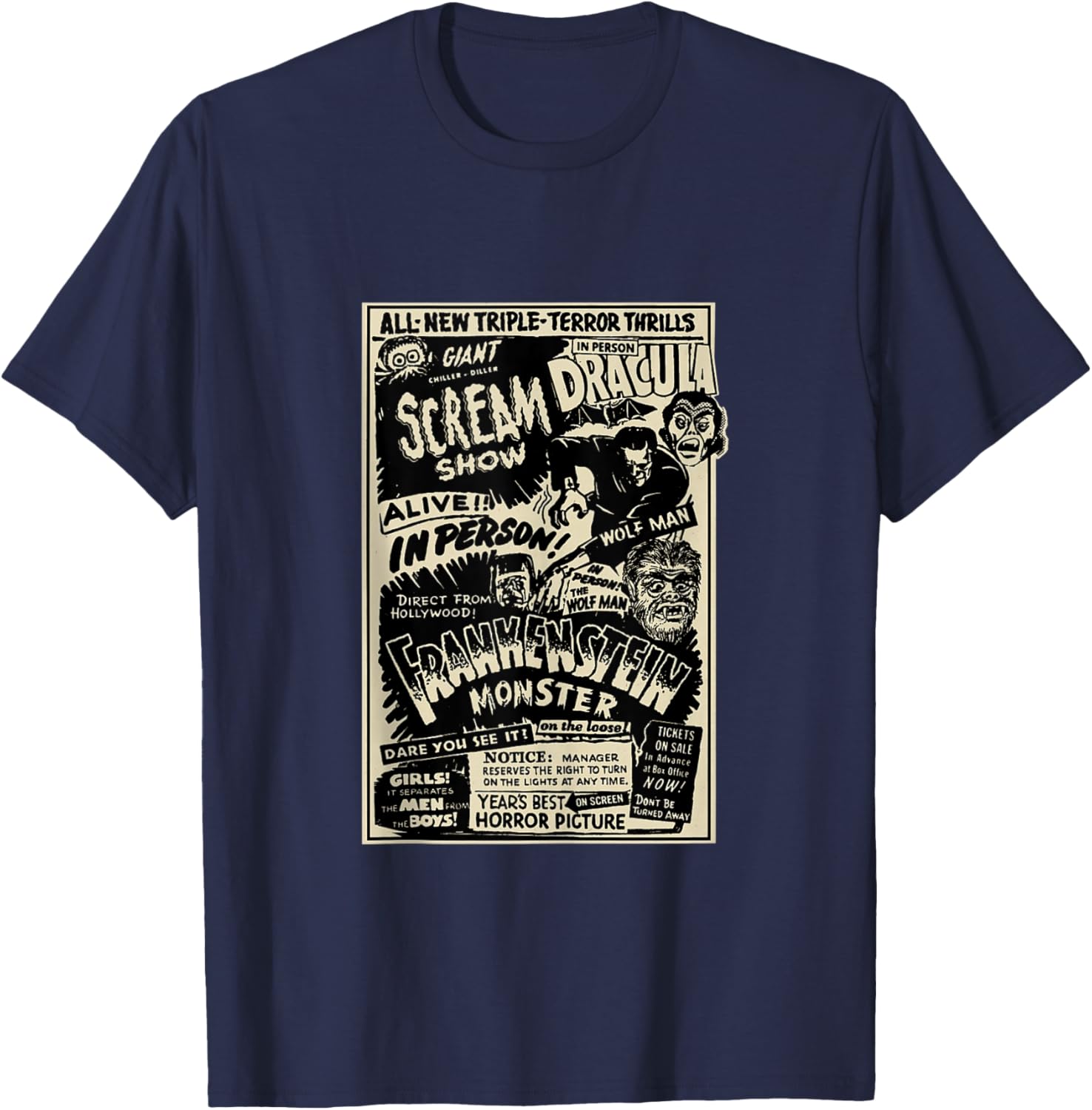 Horror Movie Monster Mummy Dracula Werewolf Frankenstein T-Shirt - T-Shirt | Navy