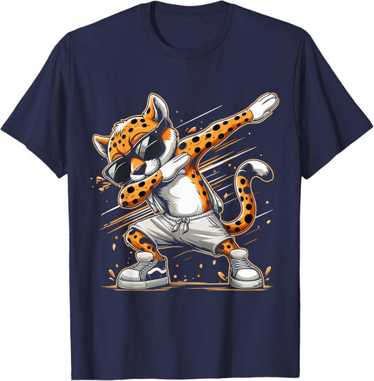 Dabbing Cheetah Wear Glasses Cute Funny Cheetah Animal , Small, Black T-Shirt - T-Shirt | Navy