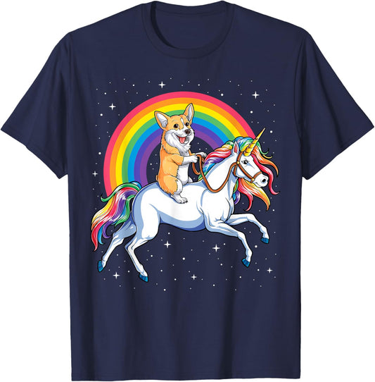 Corgi Riding Unicorn Girls Kids Rainbow Gifts Space Galaxy T-Shirt - T-Shirt | Navy