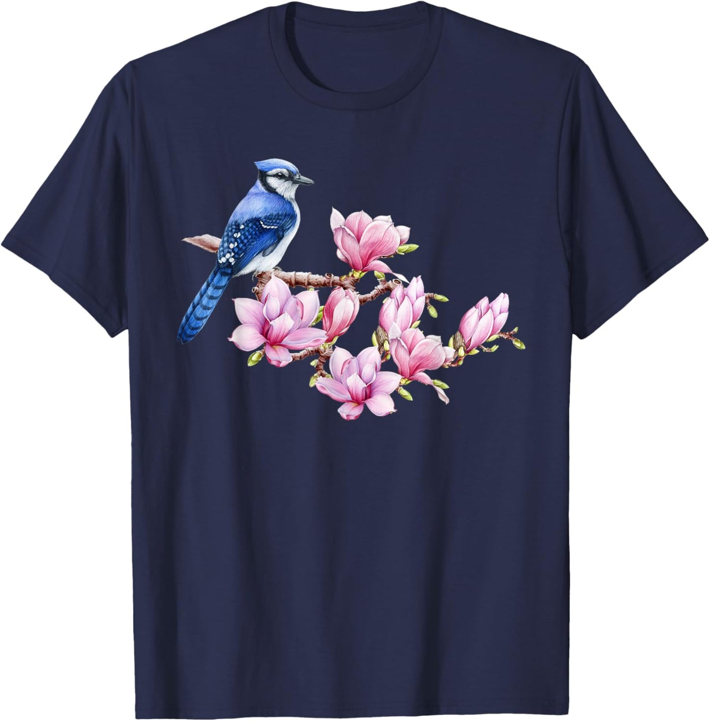 Blue Jay Bird on Magnolia - Watercolor Birding and Gardening T-Shirt - T-Shirt | Navy