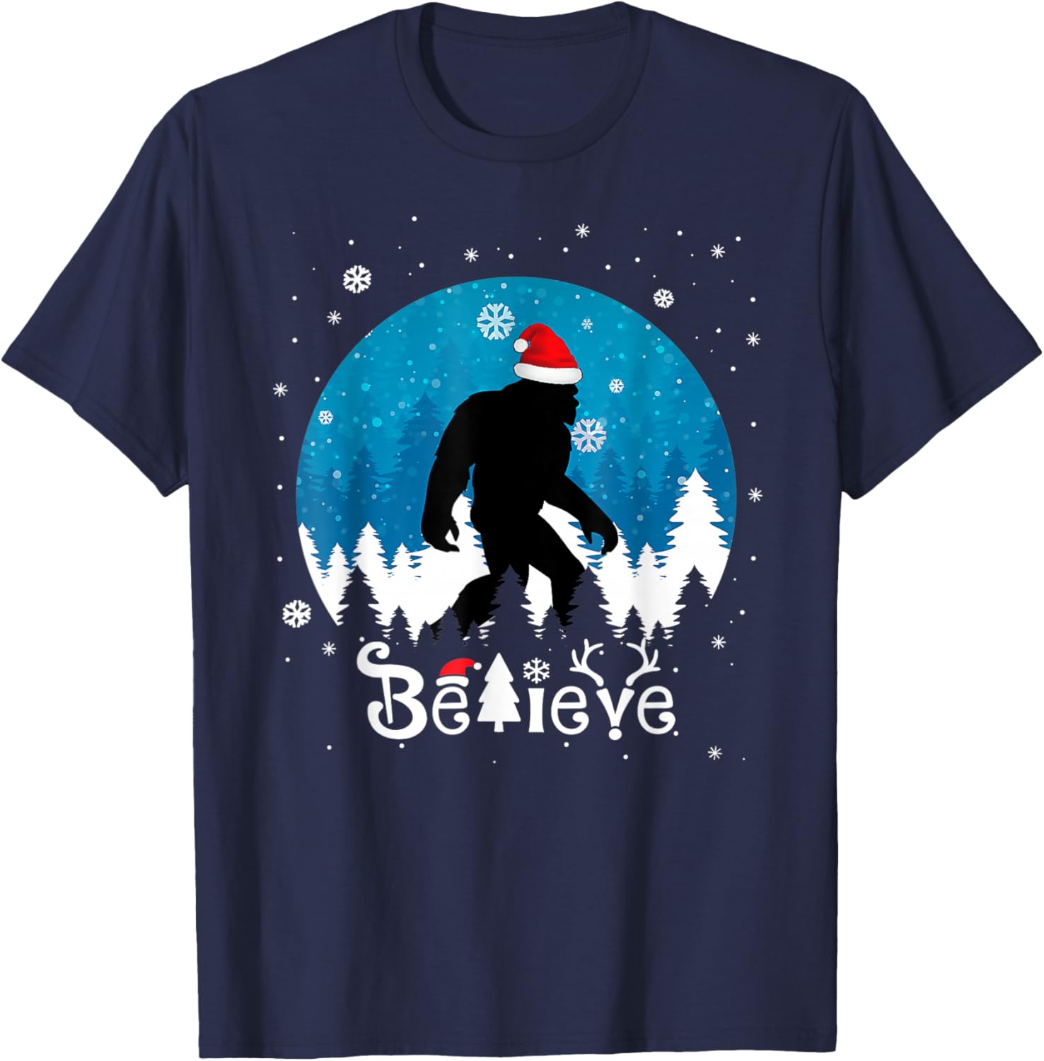 Funny Christmas Xmas Bigfoot Believe Sasquatch In Moon Light T-Shirt - T-Shirt | Navy
