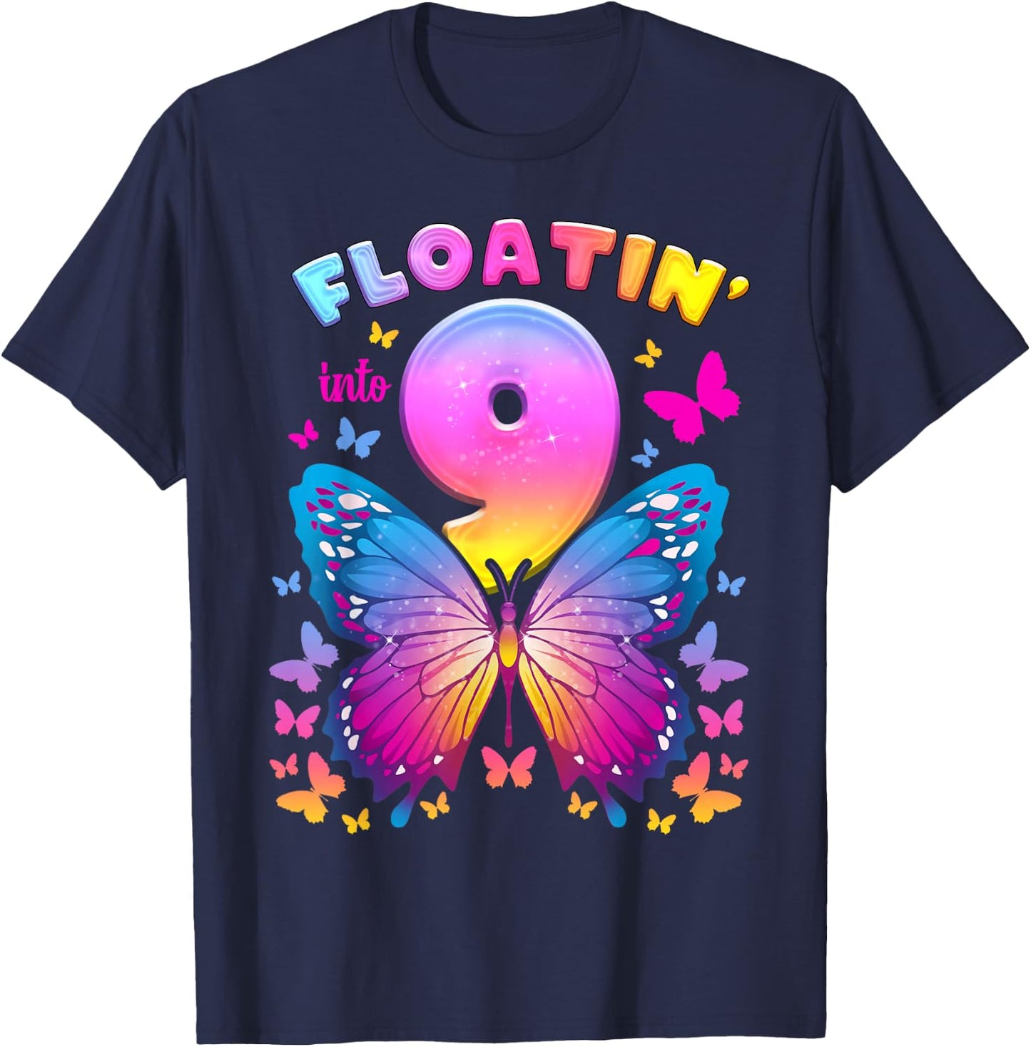 9th Birthday Girl 9 Years Butterfly Number 9 T-Shirt - T-Shirt | Navy