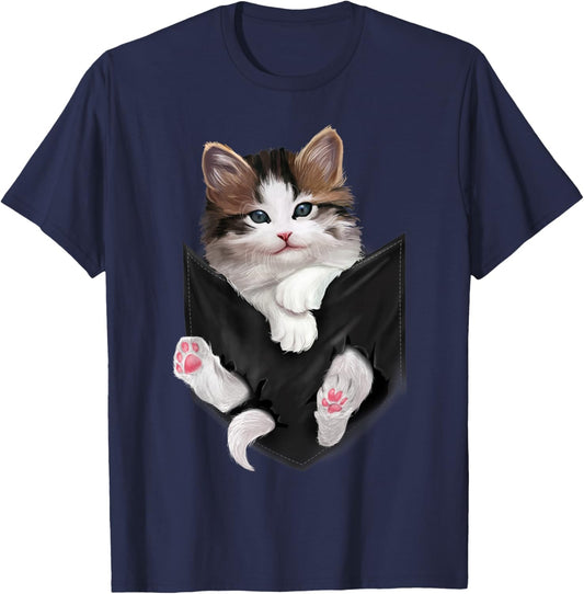 Cute White Kitty in Pocket Cats Shirt Gifts T-Shirt - T-Shirt | Navy