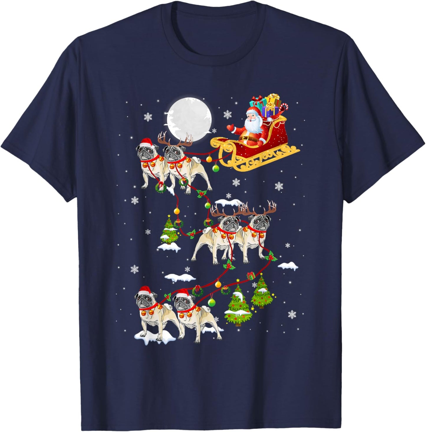 Santa Riding Pug Sleigh Christmas Pug Reindeer T-Shirt - T-Shirt | Navy