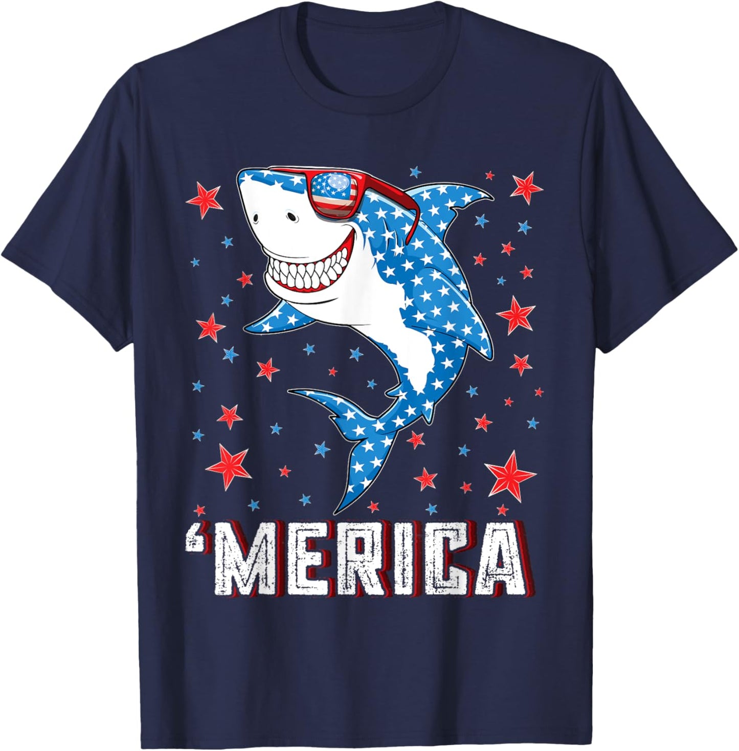 Shark 4th of July Boys Men Kids Youth Merica American Flag T-Shirt - T-Shirt | Navy