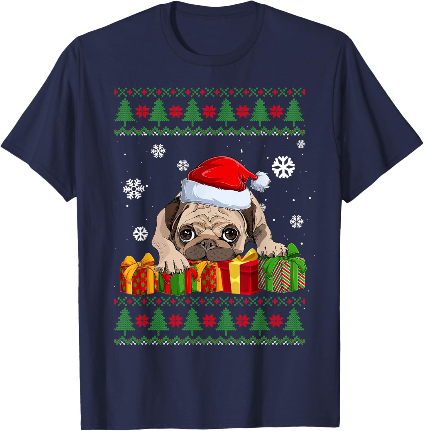 Funny Dog lovers Cute Pug Santa Hat Ugly Christmas Sweater T-Shirt - T-Shirt | Navy