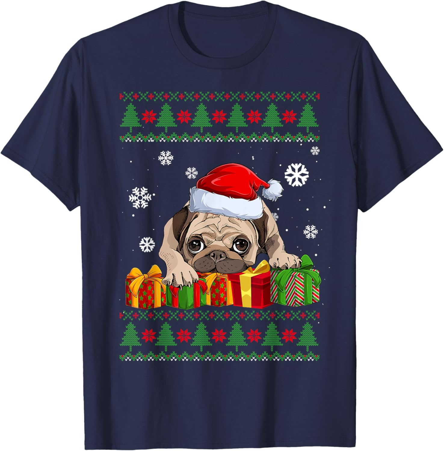 Funny Dog lovers Cute Pug Santa Hat Ugly Christmas Sweater T-Shirt - T-Shirt | Navy