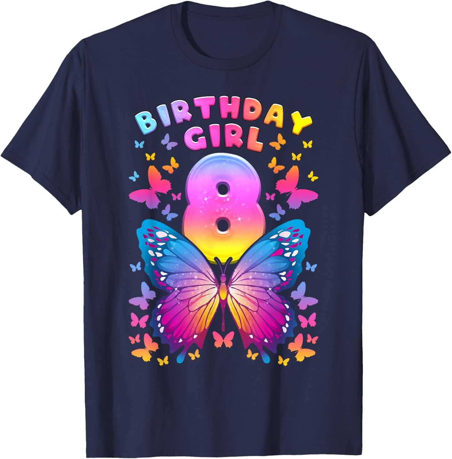 8th Birthday Girl 8 Years Butterfly Number 8 T-Shirt - T-Shirt | Navy