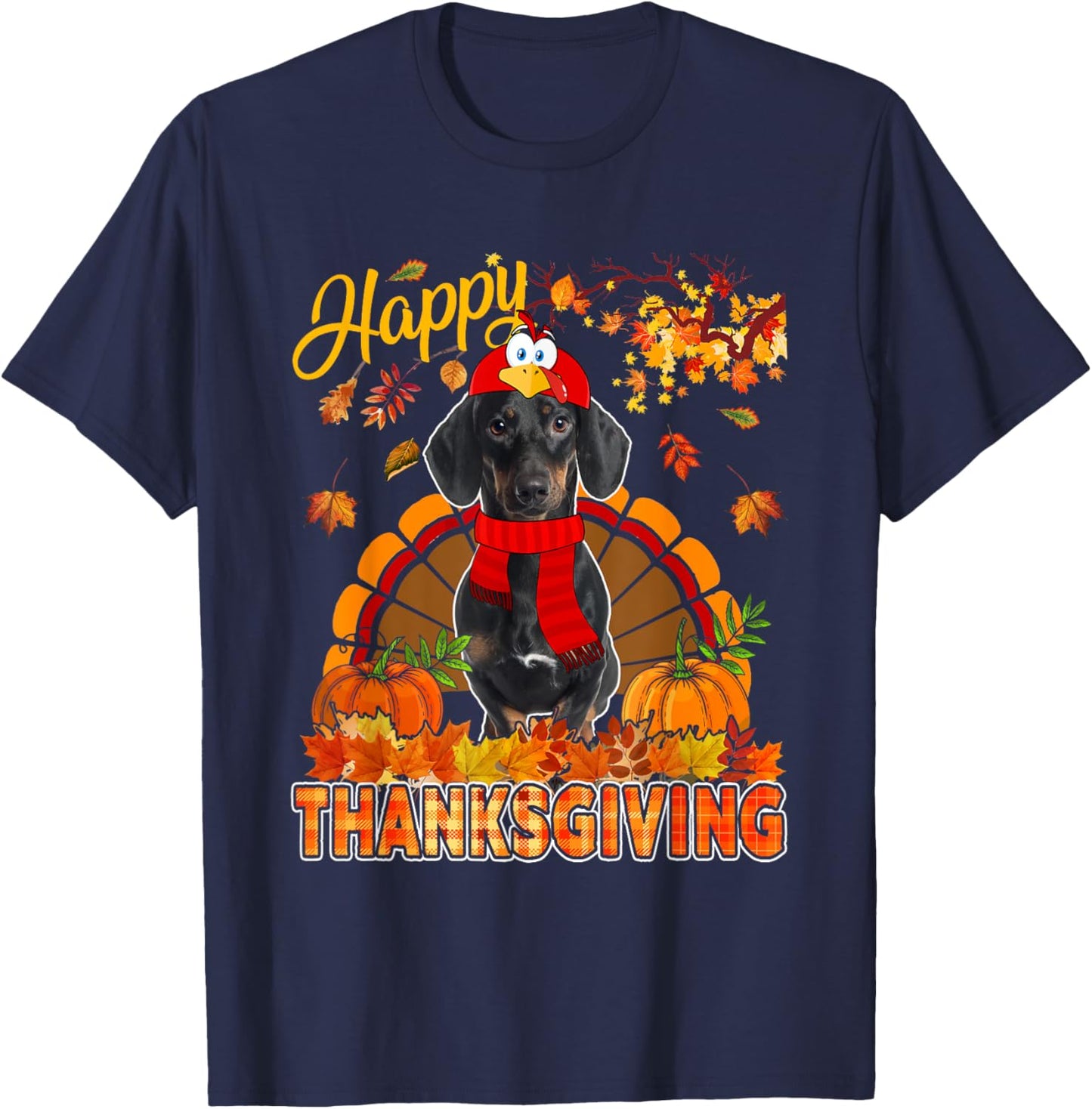 Thanksgiving Dachshund Wearing Turkey Costume Fall Leaves T-Shirt - T-Shirt | Navy
