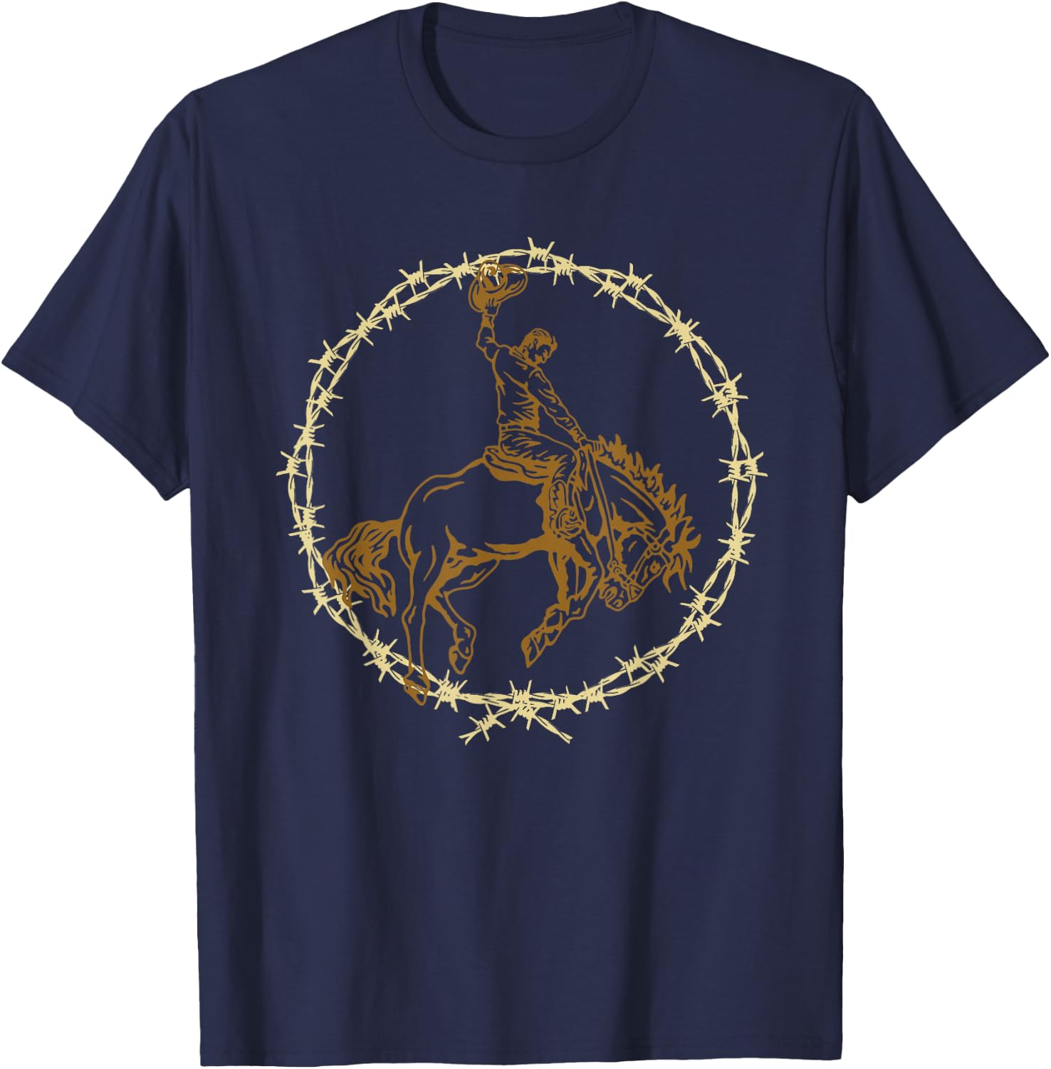 Western Barbed Wire Bronc Cowboy T-Shirt - T-Shirt | Navy