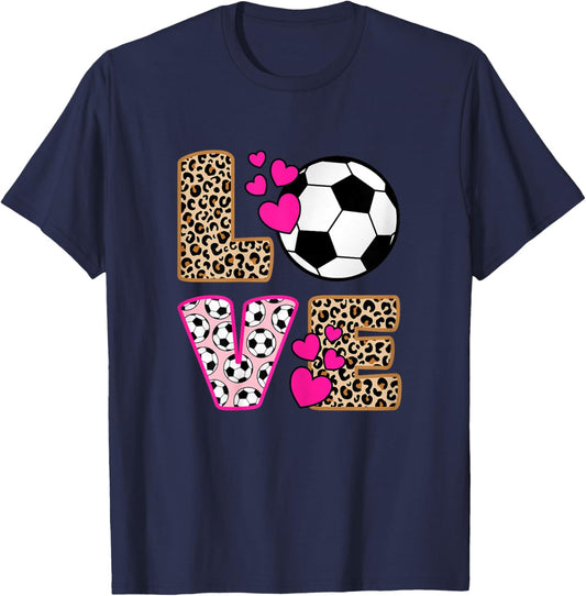 Cute Love Soccer Leopard Print Women Girls Soccer T-Shirt - T-Shirt | Navy