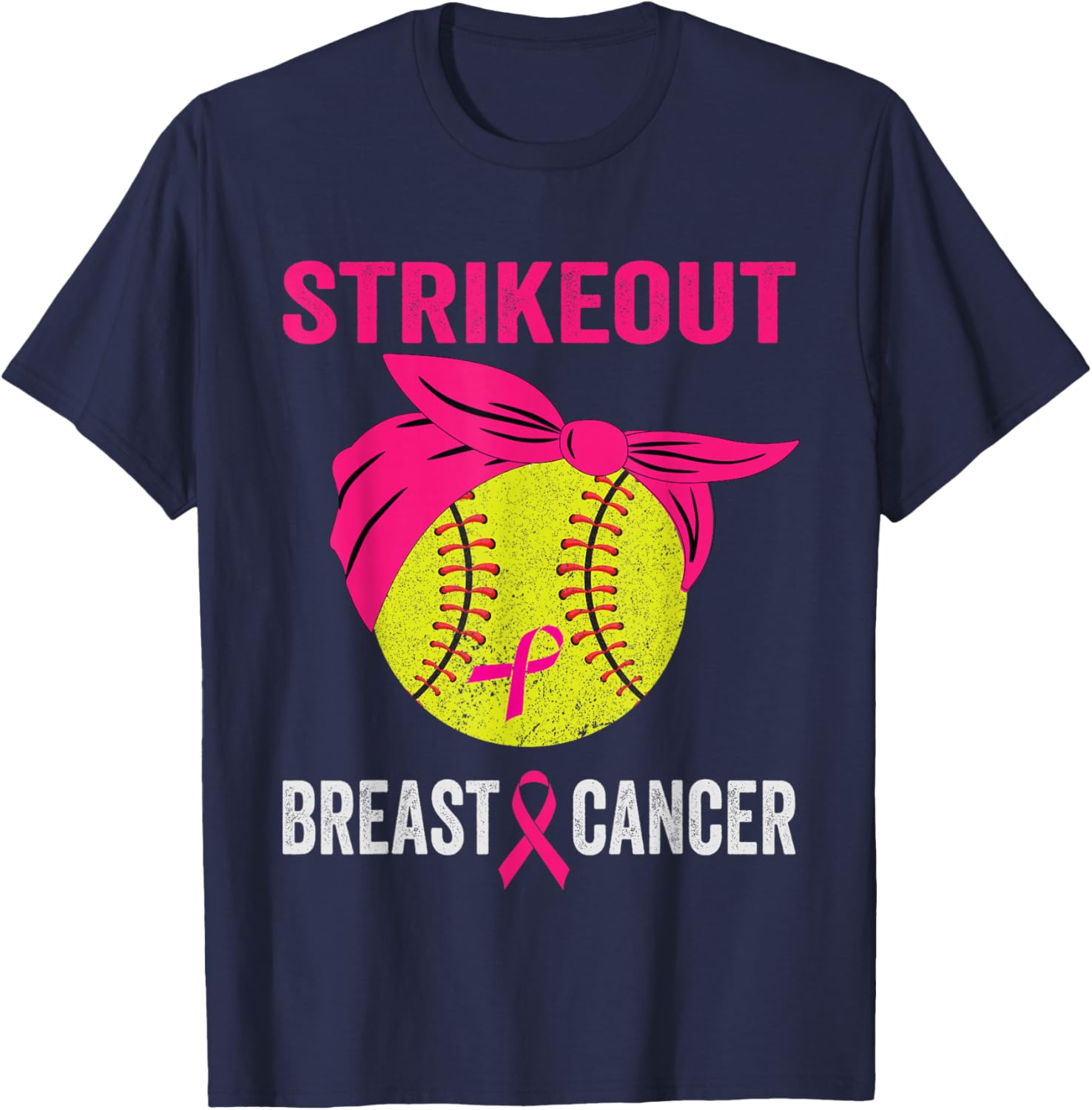 Strike Out Softball Breast Cancer Awareness Messy Bun T-Shirt - T-Shirt | Navy