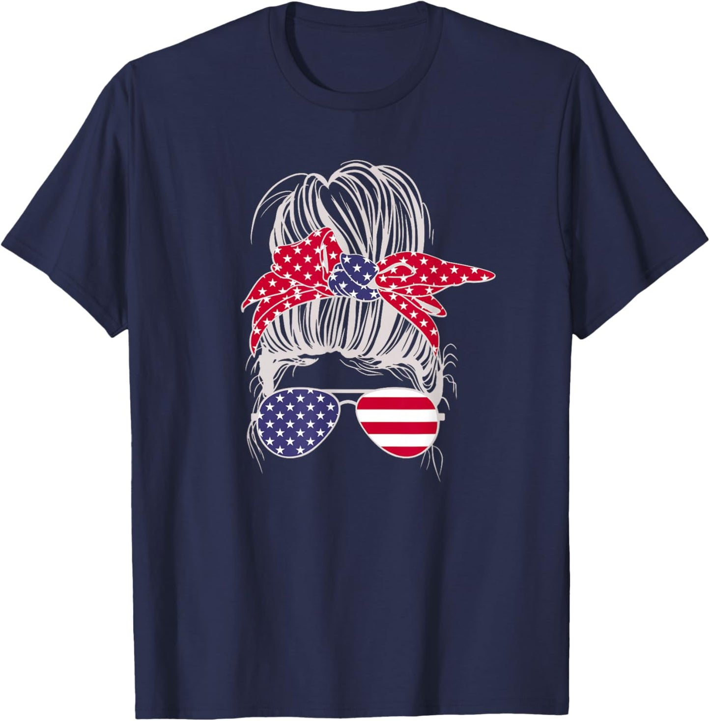 Patriotic Messy Bun Mom Kids Men T-Shirt - T-Shirt | Navy
