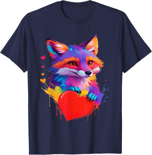 Fox Shirt - Colorful Head Fox Heart Graphic T-Shirt - T-Shirt | Navy