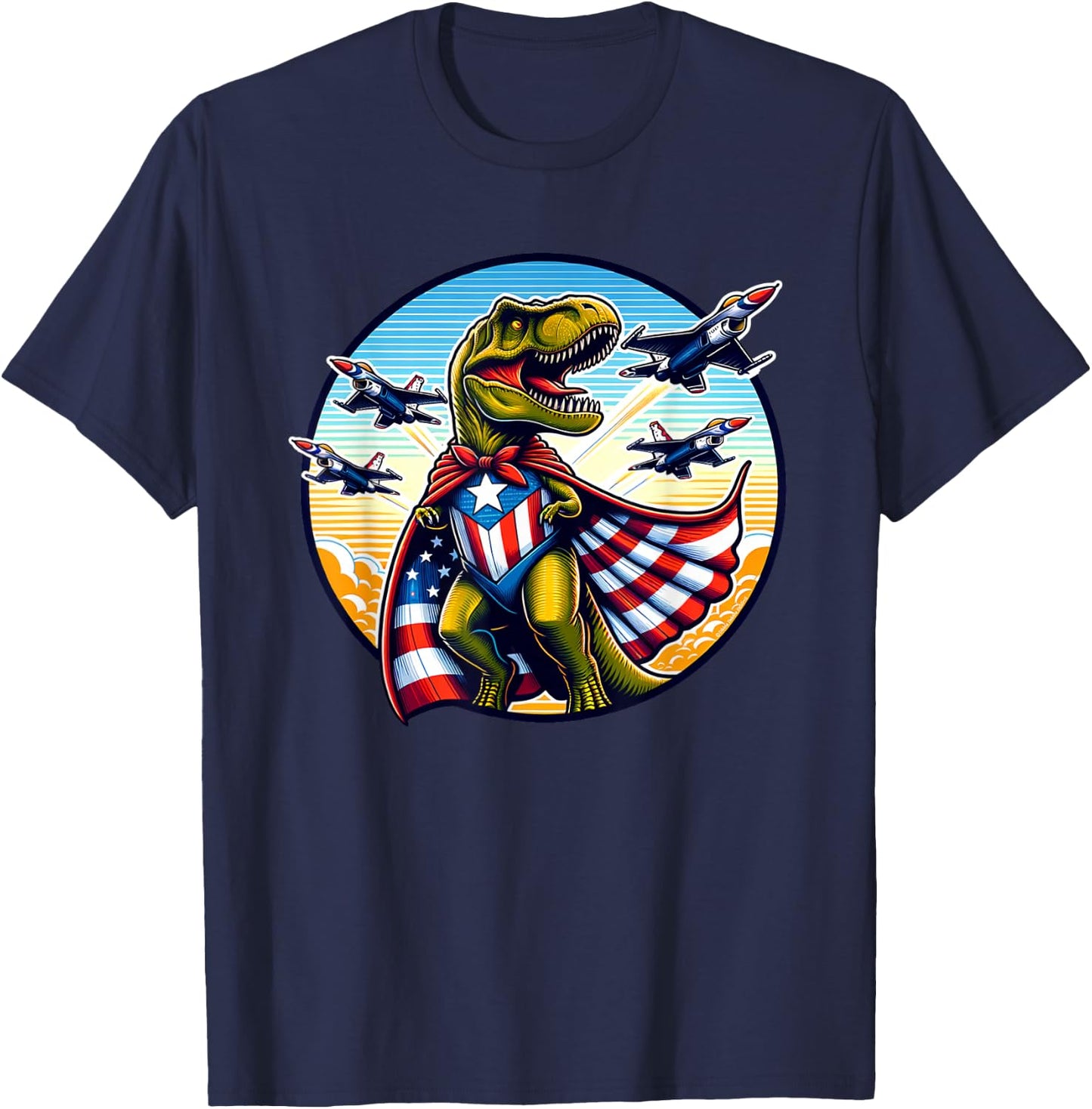 Amerisaurus T-Rex Patriotic Boys Girl 4th of July Flag Jets T-Shirt - T-Shirt | Navy